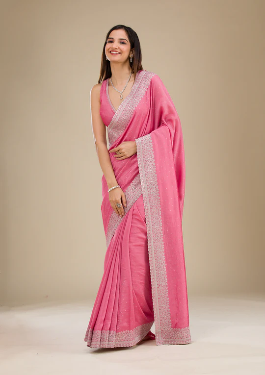 Onion Pink Threadwork Tissue Saree